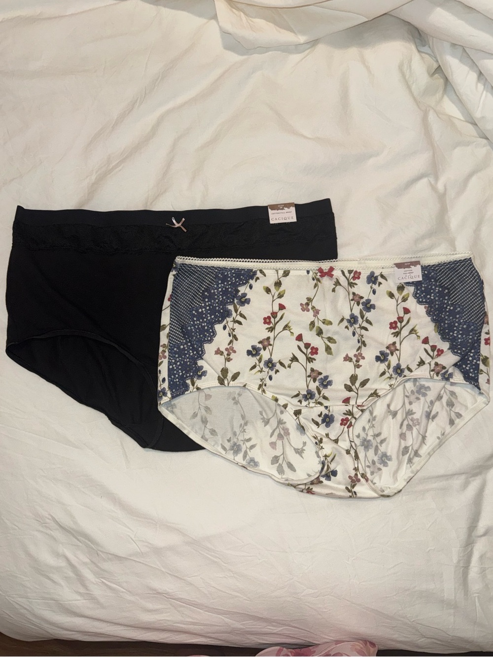 Lane Bryant Set of 2 Cacique Cotton Full Brief Black Lace White Floral Blue Lace